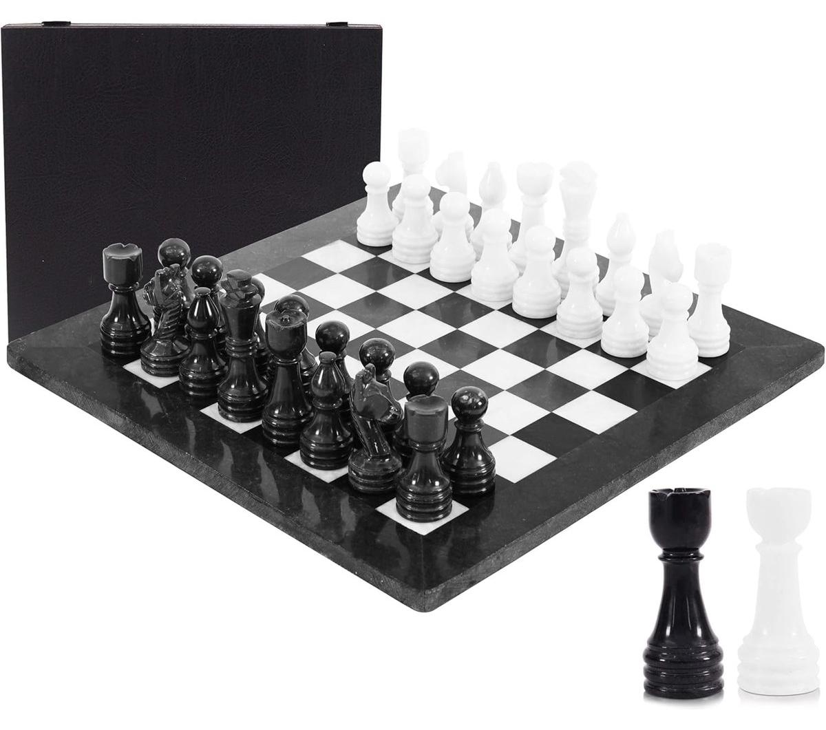 Schach Schachspiel Schachbrett - Marmor-Schachbrett - 38 cm - Schwarz und Gold - 32 Figuren