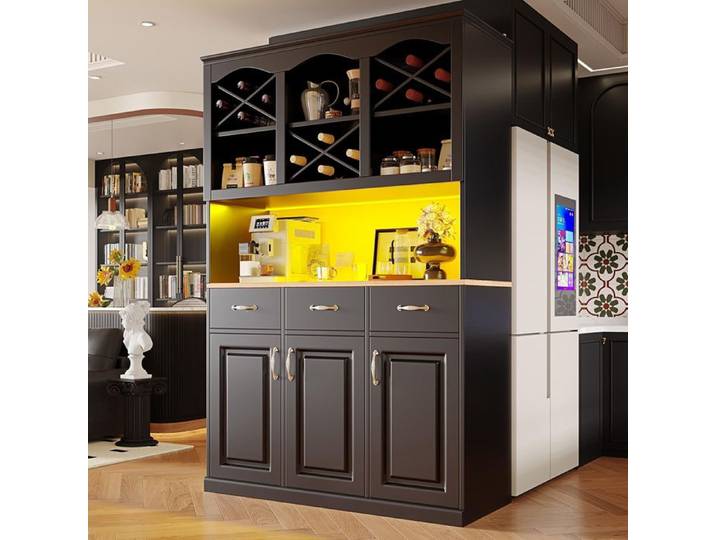 Armoire cuisine Noir 3 portes 3 tiroirs LED multifonction