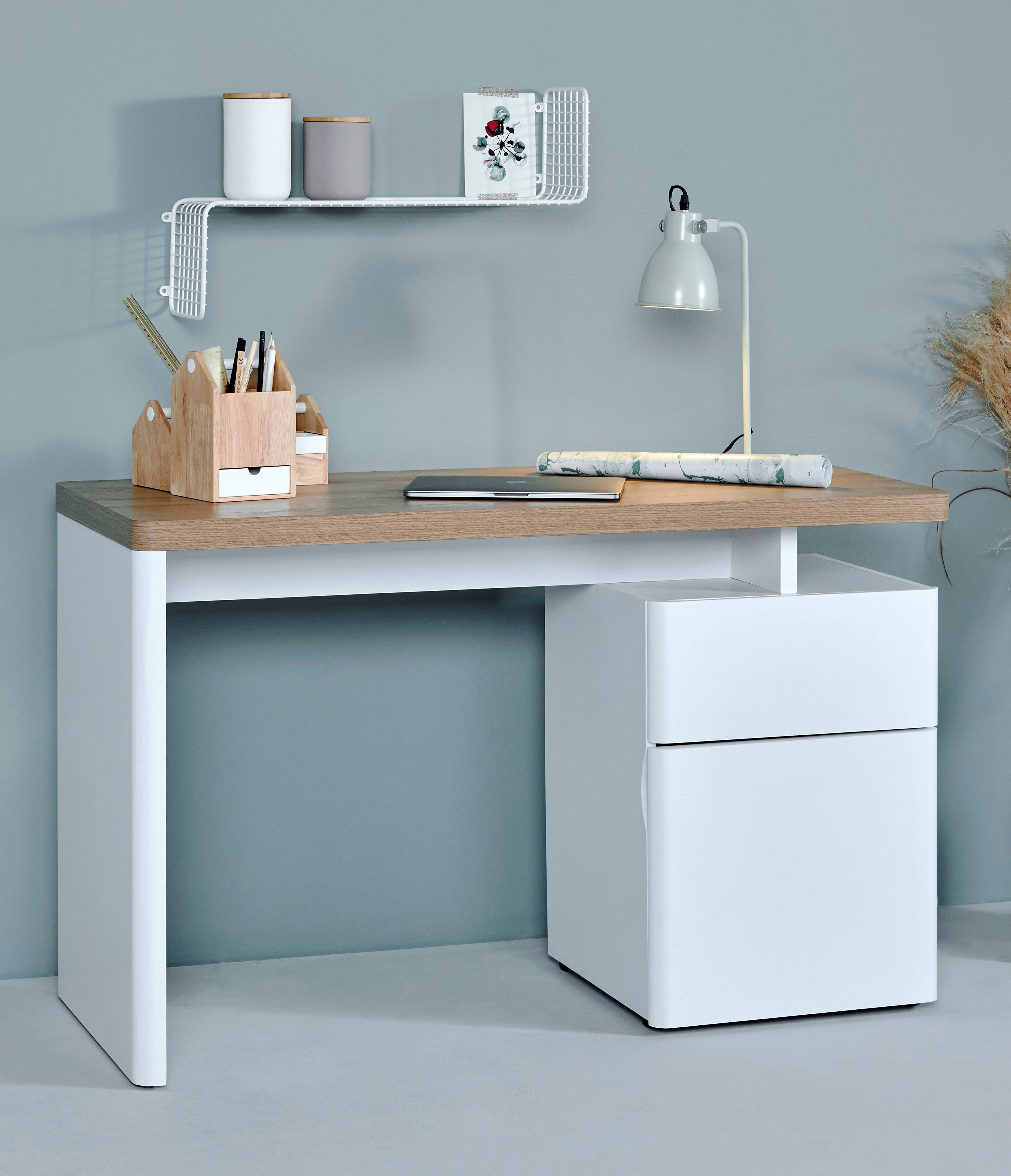 Schreibtisch JAHNKE "CU-LIBRE 120", braun (riviera eiche, weiß, weiß, riviera eiche), B:120cm H:76cm T:55cm, Tische, Schreibtisch, platzsparender Arbeitsplatz riviera eiche, weiß, weiß, riviera eiche B/H/T: 120cm x 76cm x 55cm
