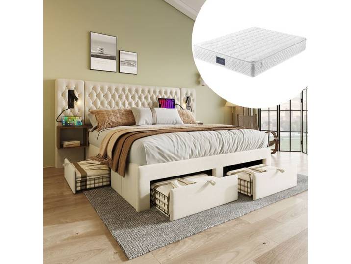 Ensemble chambre à coucher - Lit rembourré 160x200 cm - Beige - Velours - 2 tables de chevet