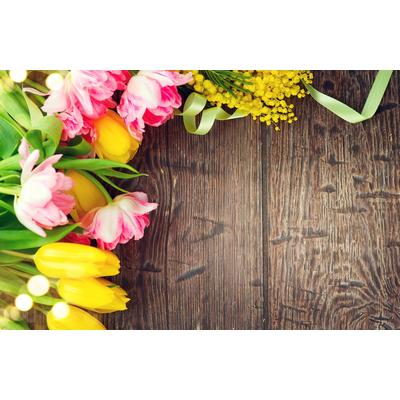 Fototapete PAPERMOON "HOLZ-WAND-BLUMEN DEKOR TULPEN MIMOSEN ABSTRAKT FANTASIE", bunt, B:4m L:2,6m, Vlies, Tapeten