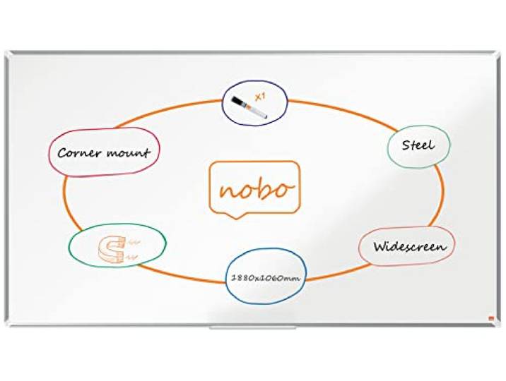 Nobo Tableau Blanc Acier Magnétique\, 600 x 450mm\, Cadre Aluminium\, Montage Mural par les Coins\, Marqueur Inclus\, Premium Plus\, Blanc\, 1915154