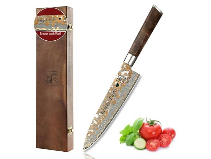 zayiko MysticMagma Chefmesser mit Gravur – Personalisiertes Messer, 20 cm Damaststahl-Klinge, Kupfer- & Bronzeinlay, Ahornwurzelholzgriff – Messer mit Gravur personalisiert, Geschenkbox