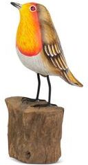 G6 Collection Wood European Robin Figurine - Hand Carved Songbird Sculpture, Rustic Bird Decor on Driftwood Base