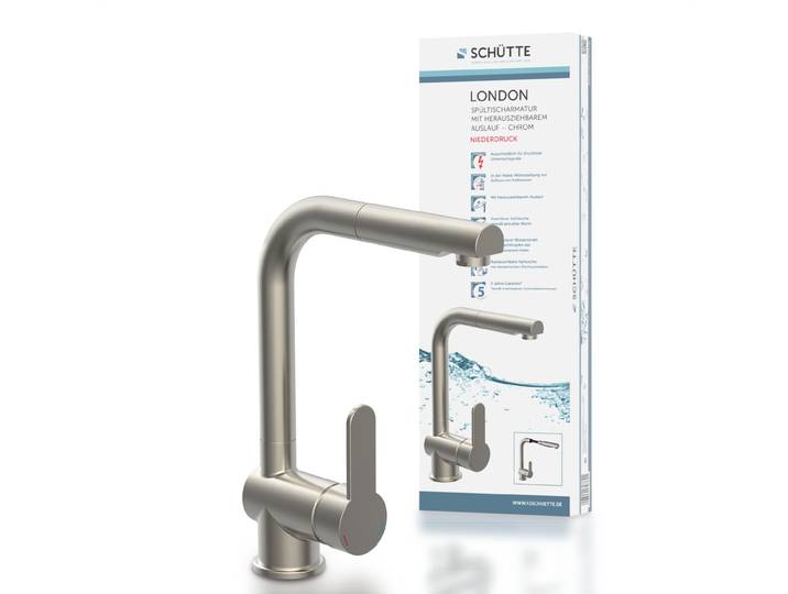 SCHÜTTE Küchenarmatur LONDON, Niederdruck Armatur Küche, Wasserhahn Küche ausziehbar, Mischbatterie Küche Edelstahloptik