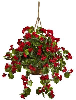 Nearly Natural Geranium Hanging Basket - Red