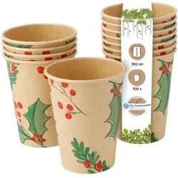 BIOZOYG 100 Stück Kaffee-Trinkbecher 300ml / 12ozPappe Winterliche Bedruckung mit Zweigen, Einwegbecher Kaffeebecher Pappbecher, biologisch abbaubar