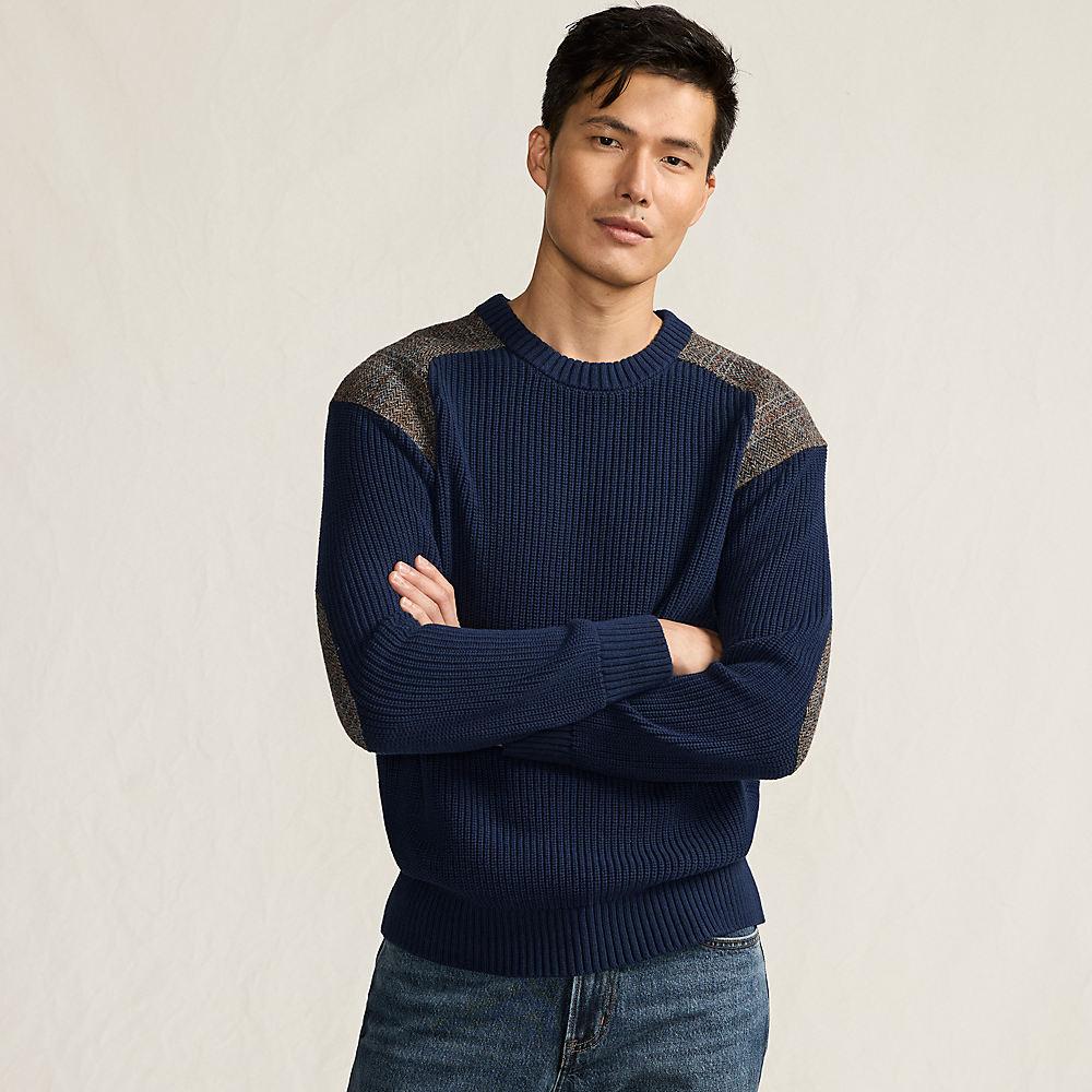 Harris Tweed Strickpullover mit Tweed-Patches, Damen, size: regular, Blau, Baumwolle, by Lands' End