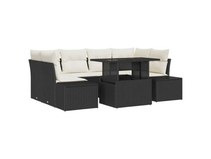 ZQQLVOO Sofa Set 7 STK. Schwarz Creme Poly-Rattan Modulare Sitze, Ecksofa, Armsofa, Polyesterfaser-Polster, höhenverstellbare Tischplatte, Garten und Terrasse