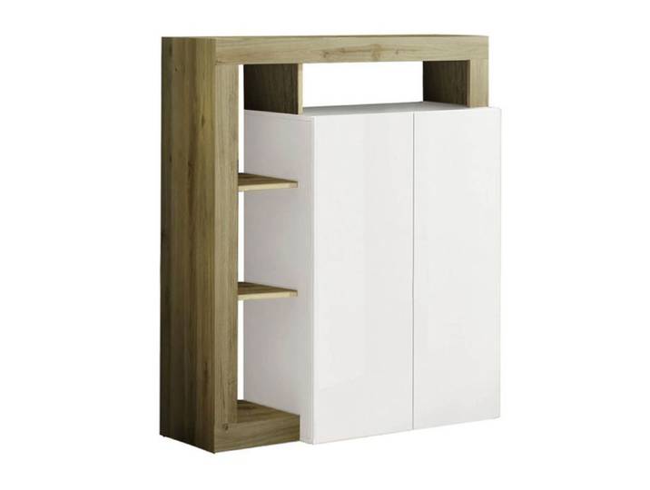 ARTURO - Meuble Bar 2 Portes Blanc Laqué Encadrement Niches Aspect Bois Cadiz