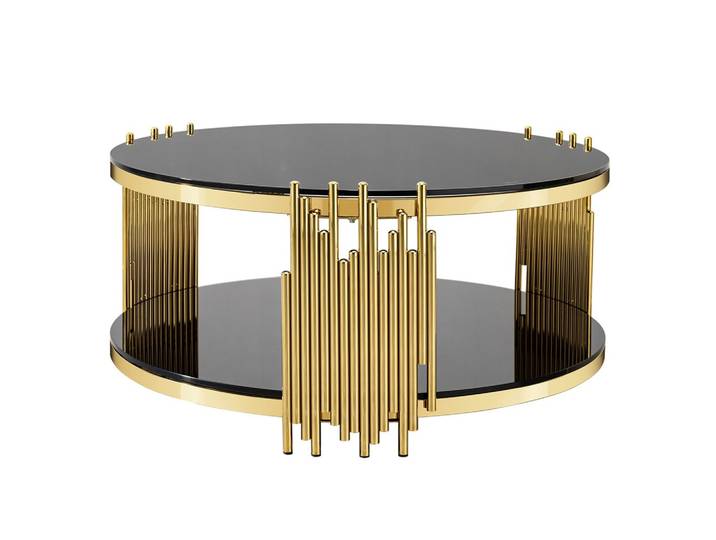 COUCHTISCH rund schwarz & gold Ø 80 cm doppelglas & edelstahlgestell