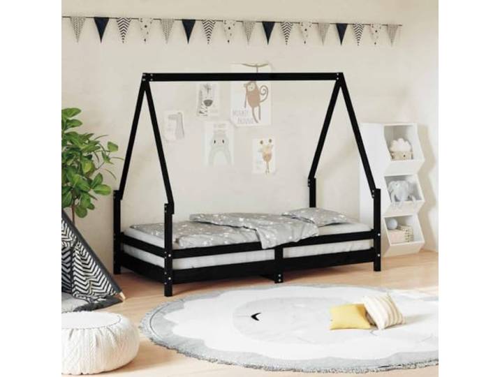 LPERTGFHU Hausbett Kinderbett aus Kiefernholz 80x160 cm Schwarz Massivholz-Rahmen, Hausform-Design, Inklusive Lattenrost, Stabiles Einzelbett