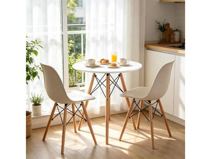 PIPIPOXER Table à manger ronde blanche pieds bois naturel table repas Maison élégante pour cuisine salle à manger petit espace