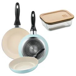 BERGNER - Set aus 3 Pfannen Ø16/Ø20/Ø24 cm gepresstes Aluminium Himmelblau Vorratsglas 650 ml aus Borosilikatglas NATURALLY