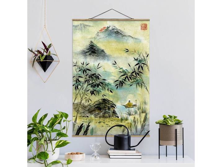 Stoffbild Japanischer Bambuswald Webstoff Gelb 35 x 53cm