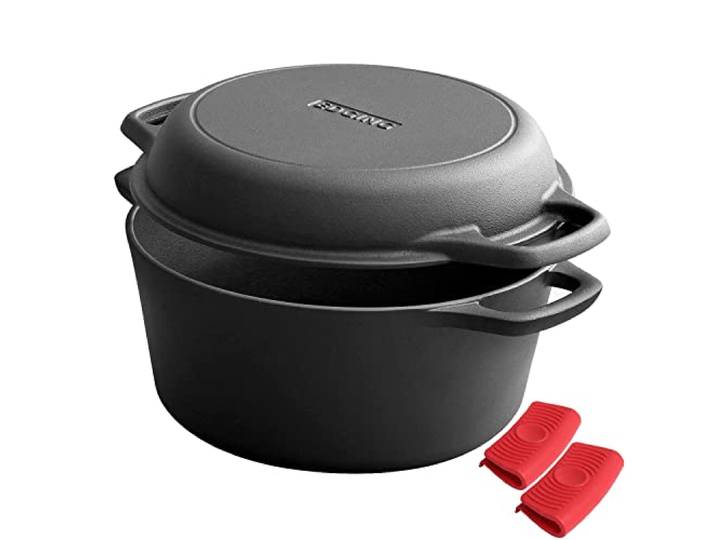 2-in-1 vorgebrannter Gusseisen-Dutch Oven Topf mit Bratpfannendeckel, Kochpfanne, Gusseisen-Bratpfanne, Kochgeschirr, Pfannen-Set mit zwei Griffen, drinnen und draußen, für Brot, Braten, BBQ, 5 QT