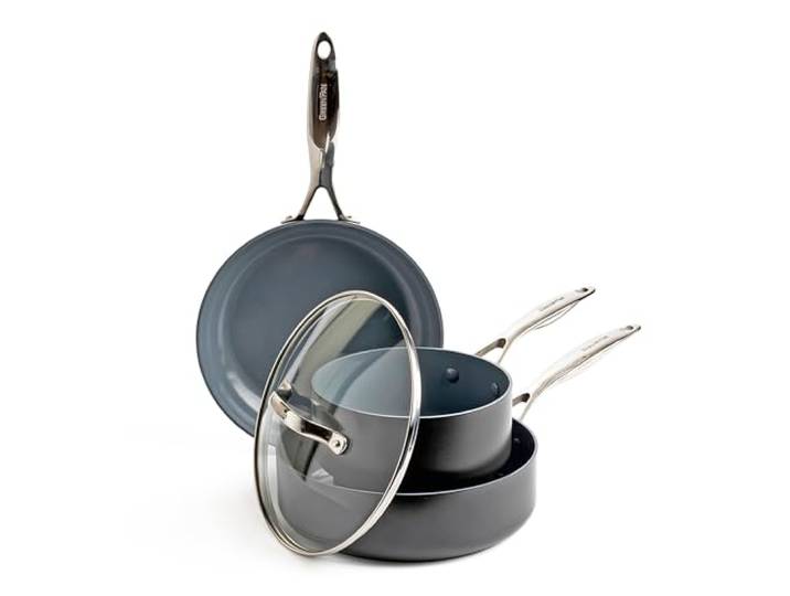GreenPan Valencia Pro Harteloxierte Gesunde Keramik Antihaft 4-teiliges Topf- und Pfannenset,Bratpfanne,Schmorpfanne,PFAS-frei,Edelstahl-Griff,Induktion,Spülmaschinenfest,Backofenfest,Grau