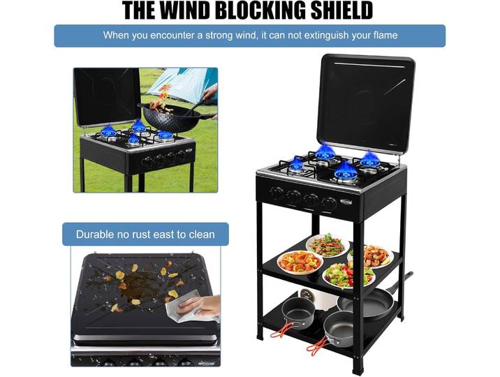 Cuisinière à gaz portable à 4 brûleurs avec support de jambe et adaptateur de couvercle de blocage du vent, cuisinière à gaz en acier inoxydable pour camping-car, appartement