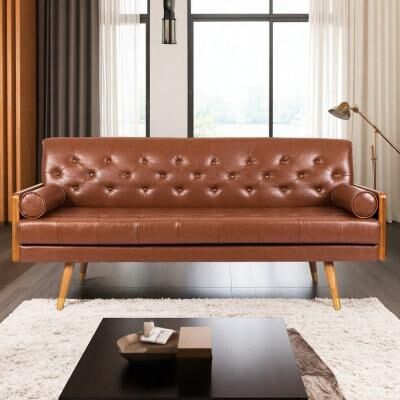 "72.25"" Fabric 3-Seater Mid-Century Modern Sofa with Button Tufting and Gold-Tipped Legs"