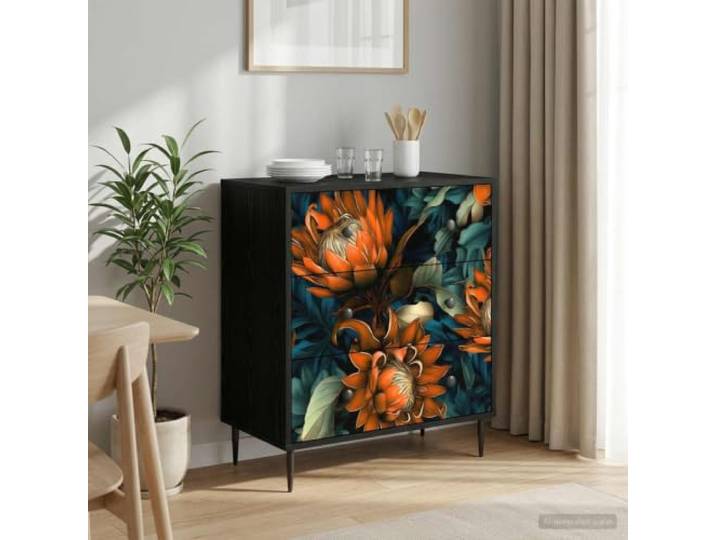 GPWERSDF Kommode LOCHEM Orangenmuster 66 x 36,5 x 76 cm Holzwerkstoff mit 3 3 Schubladen, erhöhte Füße, matte Stahlgriffe, dekoratives Muster, stabiler Holzwerkstoff