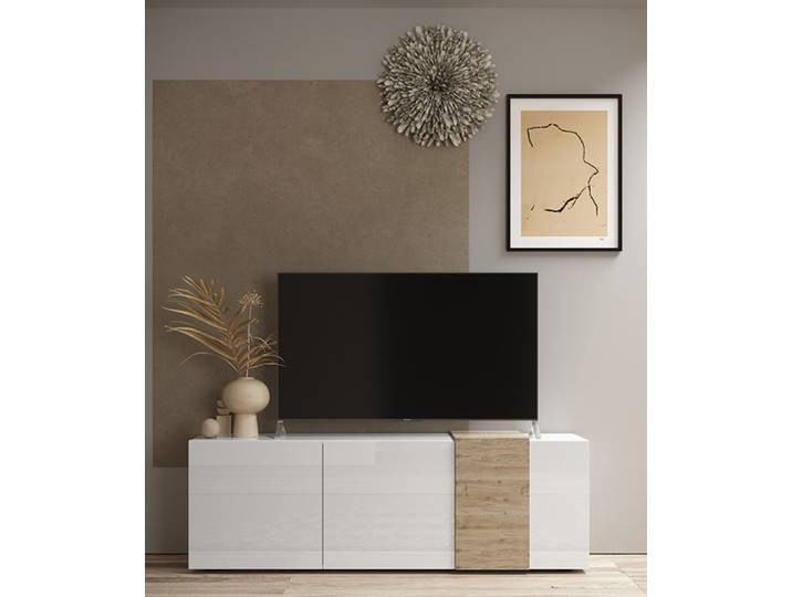 Meuble tv Venus blanc brillant/chene cadiz - Basika