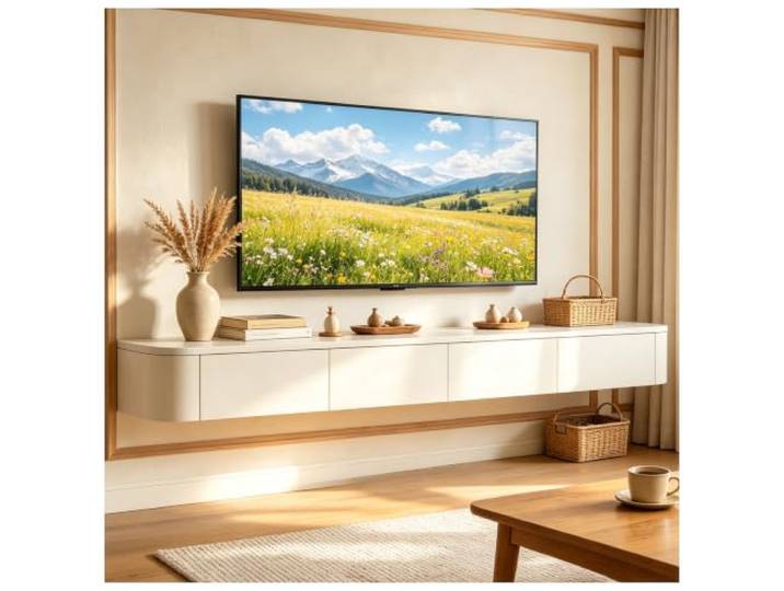 JUNFUNNLE TV Schrank 220cm Weiß, TV Board Hängend, TV Lowboard mit 2 Schubladen 2 Klappen, Moderner Fernsehtisch mit Kabelmanagement, TV Tisch für Wohnzimmer und Esszimmer