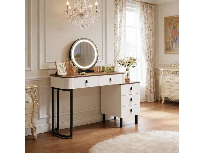 Coiffeuse - ZEVKOR - Coiffeuse 5 Tiroirs - Miroir rond LED dimmable 45 cm - Blanc & marron - 100x40x126 cm