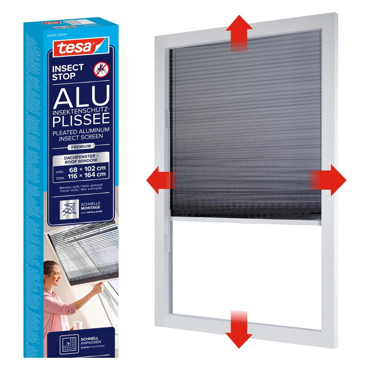tesa Insektenschutz Alu Plissee für Dachfenster, Rollo, teleskopierbar, einfache Montage ohne Bohren (164 x 102 cm) (55804-00000-00)
