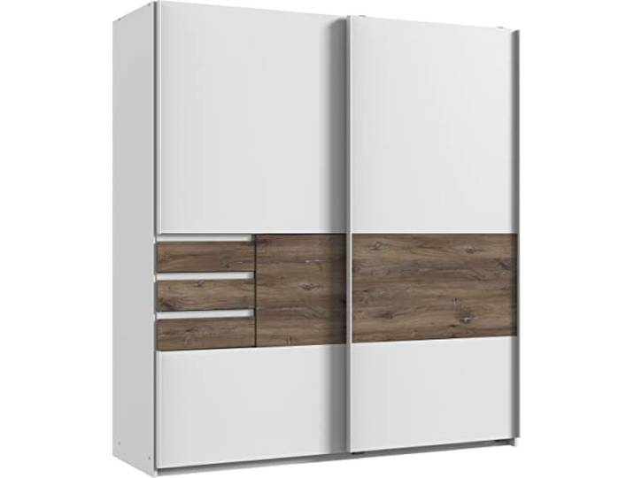 möbelando Schwebetürenschrank >Bamberg< (BxH: 180x198 cm) in Weiss + Flagstaff Eiche NB