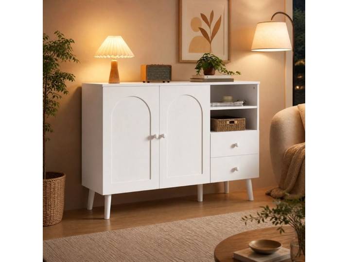 Buffet Bahut Enfilade 2 portes 2 tiroirs avec rangement ouvert - LPOSPI - portes cintrées MDF blanc