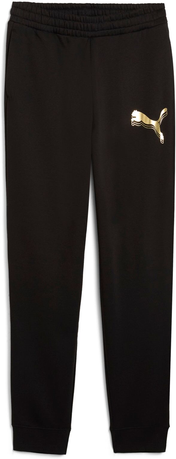 Trainingshose PUMA "ESS METALLIC SWEATPANTS FL", Damen, Gr. XL, N-Gr, schwarz (puma schwarz, metallic gold), Fleece, Obermaterial: 68% Baumwolle, 32% Polyester, unifarben, regular fit normal, Hosen Trainingshose, sportlicher Stil, für vielseitige Aktivitä