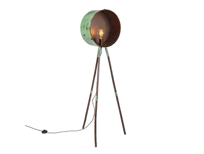 Lampadaire vintage sur trépied en bambou vert avec cuivre -