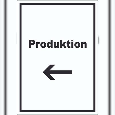 HB-Druck Produktion Aufkleber mit Text und Richtungspfeil links Herstellung hochkant A7 (74x105mm)