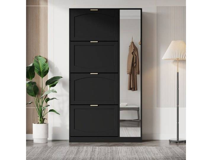 Meuble à chaussures - VVBV - Design arqué - 4 abattants - Étagères réglables - Miroir intégré
