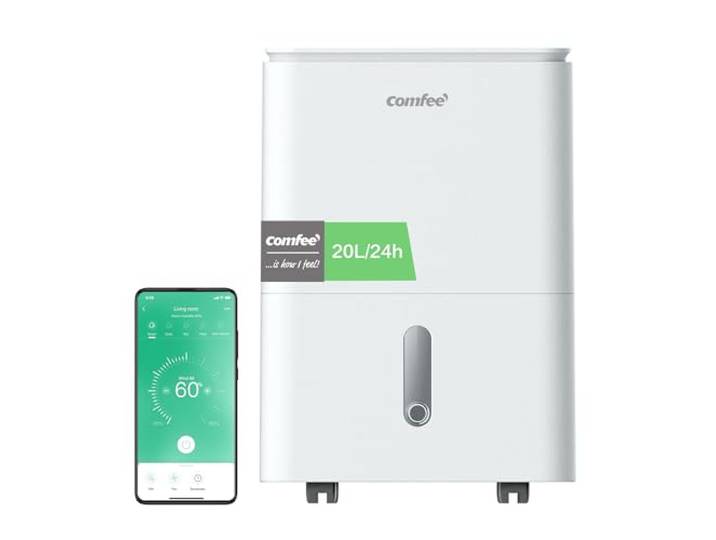 COMFEE' Luftentfeuchter Easy Dry 20L/Tag, 4 Modi, Luftbefeuchter angeschlossen, 3 L Tank, Wäschetrockner, Swing-Funktion, für Räume von 40㎡/100 m³, Weiß
