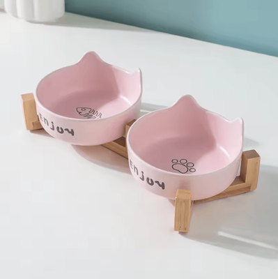 Inspire Curations CozyPair Ceramic Double Pet Bowl Set With Non Slip Stand pink