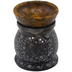 Soapstone Oil Burner 10cm - Mandala Flower - Black & Yellow