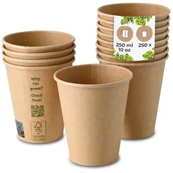 BIOZOYG 250 Stück Einwegbecher 250ml / 10oz Pappbecher, Kaffeebecher, ungebleicht, ökologisch, kompostierbar, umweltschonend für Coffee to Go