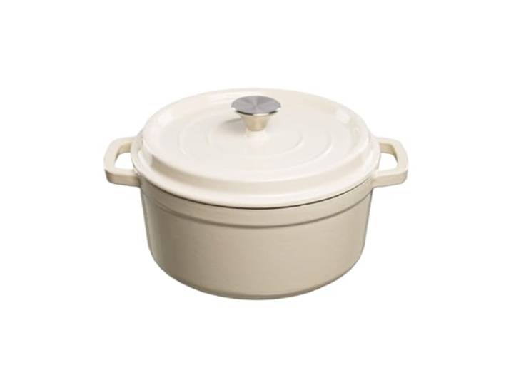GRAND FEU Dutch gietijzeren kookpan, geëmailleerde gietijzeren kookpan met deksel en brede handgrepen voor koken en stoven, inhoud 4,7 l, wit