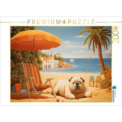 CALVENDO Puzzle Hund liegt am Strand und sonnt sich am Meer | 2000 Teile Lege-Größe 90x67cm Foto-Puzzle für glückliche Stunden