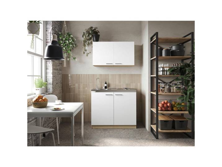 Miniküche, Braun & Weiß, 100 cm, Metall, Seitenverkehrt Montierbar, Modern