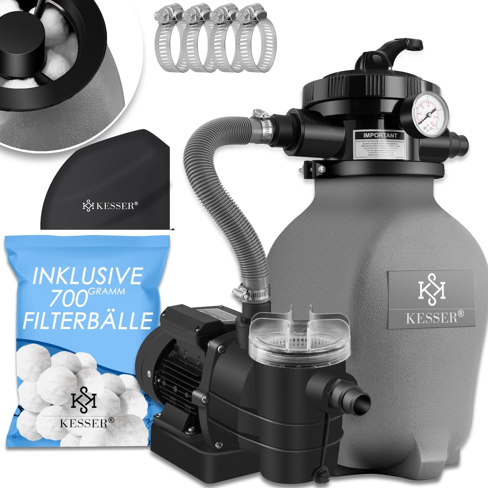 KESSER® Sandfilteranlage Sandfilter + 800g Filterbälle ersetzen 25kg Filtersand 7-Wege Ventil mit Druckanzeige Poolfilter 10 m³/h Filteranlage Filterkessel für Pool Schwimmbecken 10.200 L/h