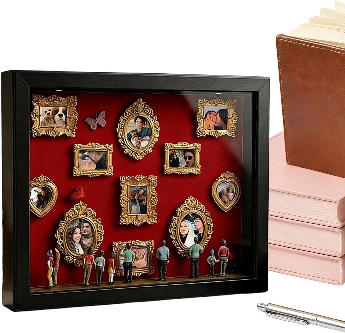 Museum Schaduwdoos Herinnering Display met Verlichting en 11 Fotolijstjes - Zwart