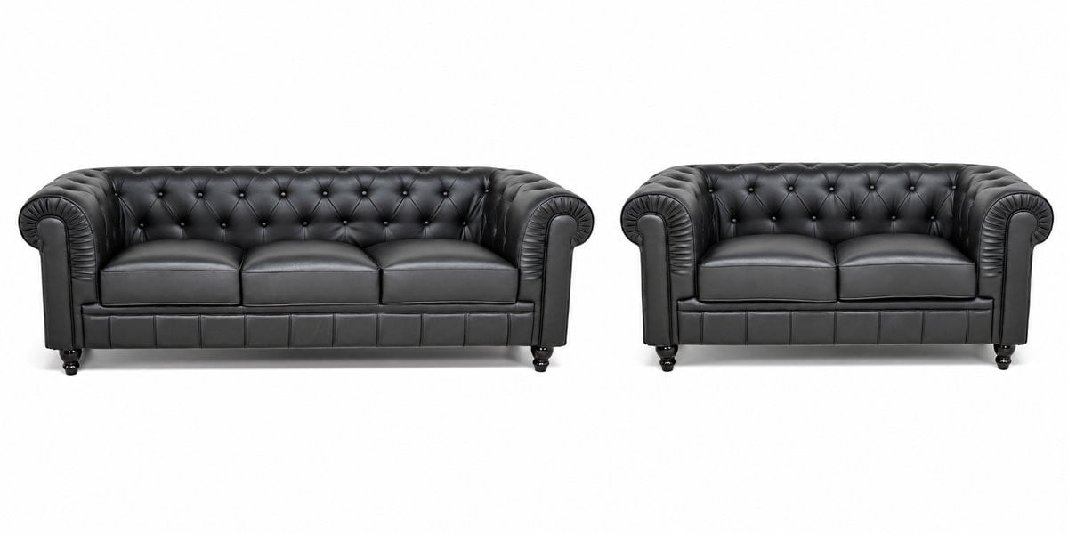 Chesterfield Banken Set van 2 en 3 Zits in Zwart Leder voor de Woonkamer
