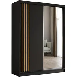 KLEIDERSCHRANK mit Spiegel-Schiebetüren und Aluminium-Leisten - NALLA - 160 cm Schwarz+Schwarz+Artisan
