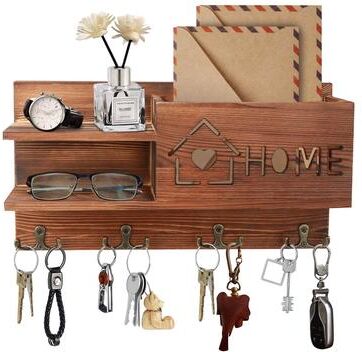Perfect Picks Market Rustic Mail And Key Holder Wall Organizer With Wooden Mail Shelf & 4 Double Hooks For Entryway brown