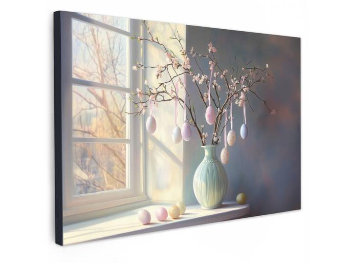 MuchoWow Leinwandbild Stillleben - Vase - Osterzweig XXL 150x100 cm, Hellblau, Kiefer, Rechteckig, 150x100 cm, gerahmt, Bilder & Rahmen, Bilder, Leinwandbilder