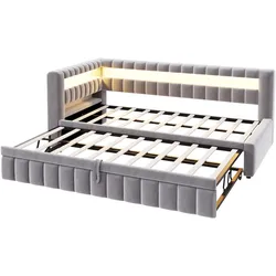 MODFU Schlafsofa Polsterstoff Hellgrau 211,5x102x79 cm, ausziehbar, LED-Beleuchtung, USB- und Typ-C-Anschluss