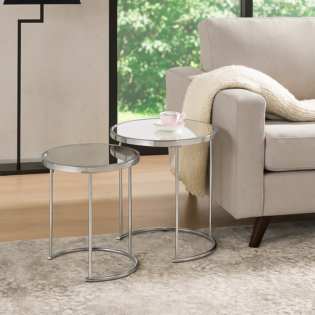 Canora Grey Middlewich Glass Top Frame Nesting Tables Mirrored Glass/Silver 50cm H X 49cm W X 70cm D