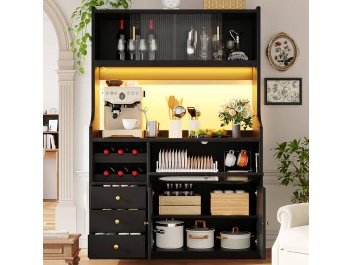 DUlVBPE Hochküchenschrank 120cm mit App-gesteuerter RGB-LED, Glasschiebetüren, Weinregal & Klapptüren nach Oben, 3 Schubladen, Weiß/Schwarz